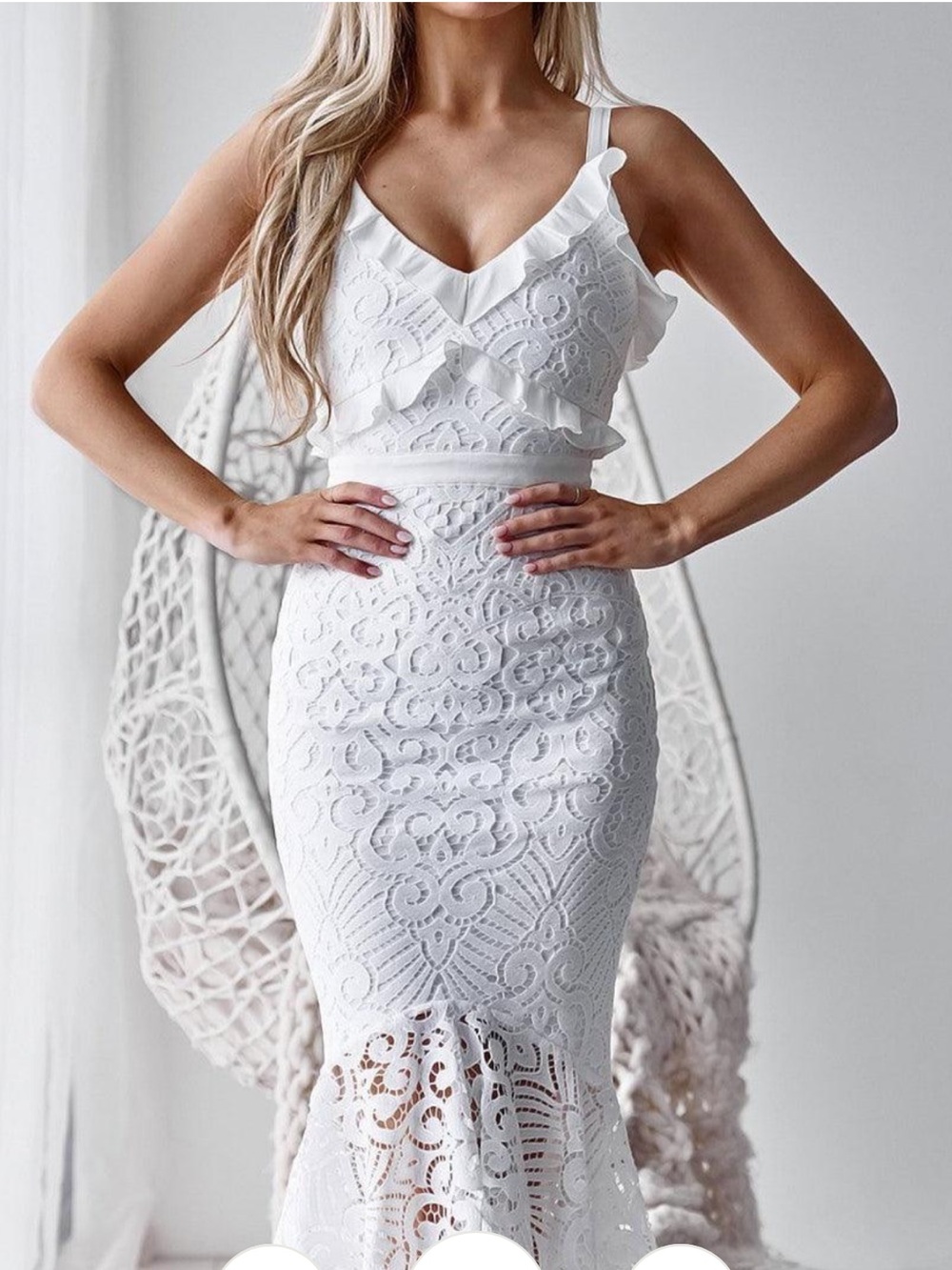 White Lace Ruffle-Trim Midi Dress